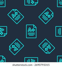 Green line Exam sheet with A plus grade icon isolated seamless pattern on blue background. Test paper, exam, or survey concept. School test or exam.  Vector