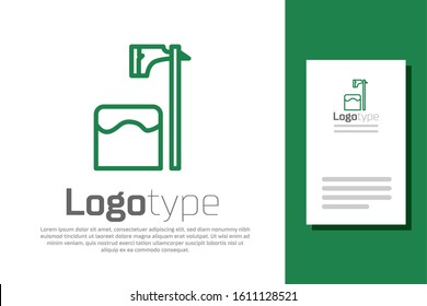 Green line Executioner axe in tree block icon isolated on white background. Hangman, torturer, executor, tormentor, butcher, headsman. Logo design template element. Vector Illustration