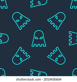 Green line Executioner mask icon isolated seamless pattern on blue background. Hangman, torturer, executor, tormentor, butcher, headsman icon.  Vector