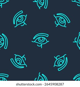 Green line Eye of Horus icon isolated seamless pattern on blue background. Ancient Egyptian goddess Wedjet symbol of protection, royal power and good health.  Vector