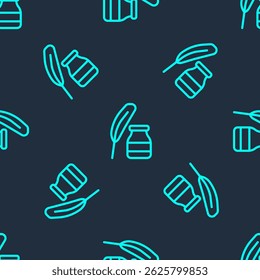 Línea verde Pluma e icono de tintero aislado sin patrón sobre fondo azul.  Vector