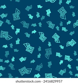 Green line Fire in burning building on city street icon isolated seamless pattern on blue background. Destroyed city on fire.  Vector