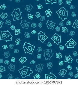 Green line Fire in burning house icon isolated seamless pattern on blue background.  Vector