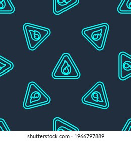 Green line Fire flame in triangle icon isolated seamless pattern on blue background. Warning sign of flammable product.  Vector