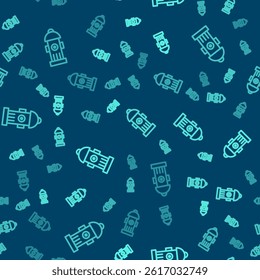 Green line Fire hydrant icon isolated seamless pattern on blue background.  Vector