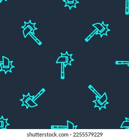 Die grüne Linie Feuerwehraxt Symbol einzeln auf blauem Hintergrund. Feuerlöschaxt.  Vektorgrafik