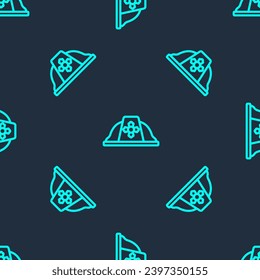 Green line Firefighter helmet or fireman hat icon isolated seamless pattern on blue background.  Vector