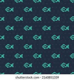 Green line Fish icon isolated seamless pattern on blue background.  Vector
