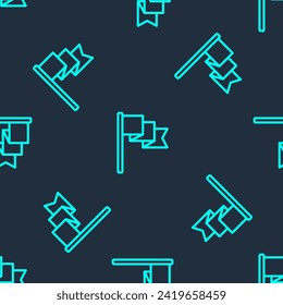 Icono de Bandera de línea verde aislado patrón sin fisuras en fondo azul. Símbolo del marcador de ubicación.  Vector