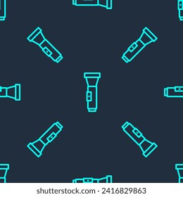 Green line Flashlight icon isolated seamless pattern on blue background.  Vector