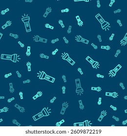 Green line Flashlight icon isolated seamless pattern on blue background.  Vector