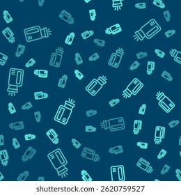 Green line Flashlight icon isolated seamless pattern on blue background.  Vector