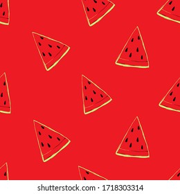 Green line fruits seamless with watermelon slice. Graphic vector sketch in hand drawn style. Fresh tropical red background.