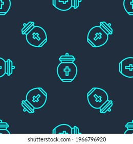 Green line Funeral urn icon isolated seamless pattern on blue background. Cremation and burial containers, columbarium vases, jars and pots with ashes.  Vector