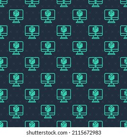 Green line Game dice icon isolated seamless pattern on blue background. Casino gambling.  Vector