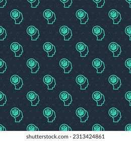 Green line Game dice icon isolated seamless pattern on blue background. Casino gambling.  Vector