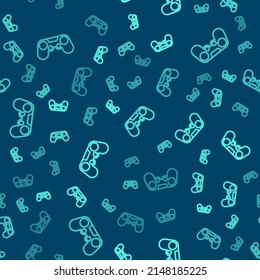 Green line Gamepad icon isolated seamless pattern on blue background. Game controller.  Vector Illustration