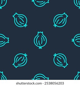 Linha verde Ícone de alho isolado padrão sem costura no fundo azul.  Vetor