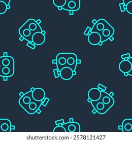 Green line Gas mask icon isolated seamless pattern on blue background. Respirator sign.  Vector