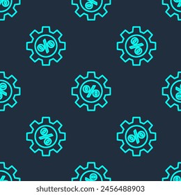 Green line Gear with percent icon isolated seamless pattern on blue background.  Vector Illustration