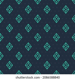 Green line Gem stone icon isolated seamless pattern on blue background. Jewelry symbol. Diamond.  Vector
