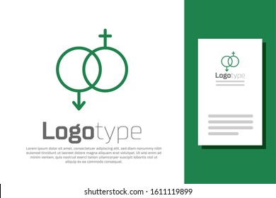 Green line Gender icon isolated on white background. Symbols of men and women. Sex symbol. Valentines day concept. Logo design template element. Vector Illustration