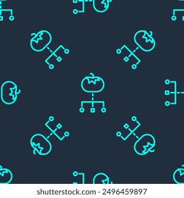 Línea verde Icono de comida genéticamente modificado aislado sin patrón sobre fondo azul. Fruta transgénica.  Vector
