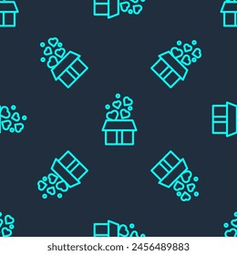 Green line Gift box with hearts icon isolated seamless pattern on blue background. Valentines day.  Vector