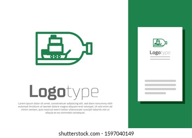 Green line Glass bottle with ship inside icon isolated on white background. Miniature model of marine vessel. Hobby and sea theme. Logo design template element. Vector Illustration