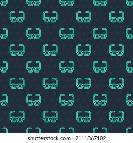 Green line Glasses icon isolated seamless pattern on blue background. Eyeglass frame symbol.  Vector
