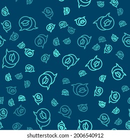 Green line Graduation cap in speech bubble icon isolated seamless pattern on blue background. Graduation hat with tassel icon.  Vector