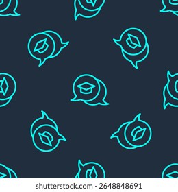 Green line Graduation cap in speech bubble icon isolated seamless pattern on blue background. Graduation hat with tassel icon.  Vector