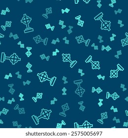 Green line Grave with cross icon isolated seamless pattern on blue background.  Vector