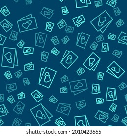 Green line Greeting card icon isolated seamless pattern on blue background. Celebration poster template for invitation or greeting card.  Vector