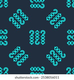 Green line Grilled shish kebab on skewer stick icon isolated seamless pattern on blue background. Meat kebab on skewer stick. Picnic with grilled meat.  Vector