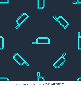 Green line Hacksaw icon isolated seamless pattern on blue background. Metal saw for wood and metal.  Vector