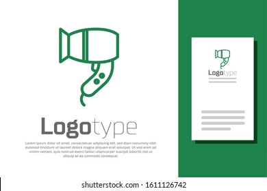 Green line Hair dryer icon isolated on white background. Hairdryer sign. Hair drying symbol. Blowing hot air. Logo design template element. Vector Illustration
