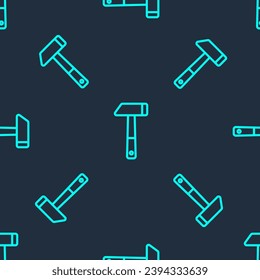 Green line Hammer icon isolated seamless pattern on blue background. Tool for repair.  Vector