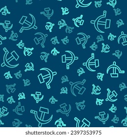 Green line Hammer and sickle USSR icon isolated seamless pattern on blue background. Symbol Soviet Union.  Vector