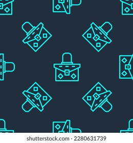 Green line Handbag icon isolated seamless pattern on blue background. Female handbag sign. Glamour casual baggage symbol.  Vector