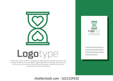 Green line Heart in the center old hourglass icon isolated on white background. Valentines day. Logo design template element. Vector Illustration