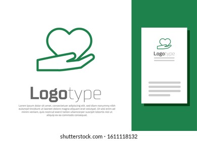 Green line Heart on hand icon isolated on white background. Hand giving love symbol. Valentines day symbol. Logo design template element. Vector Illustration