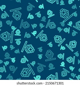 Green line Hive for bees icon isolated seamless pattern on blue background. Beehive symbol. Apiary and beekeeping. Sweet natural food.  Vector
