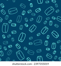 Green line Hockey puck icon isolated seamless pattern on blue background. Sport equipment.  Vector Illustration
