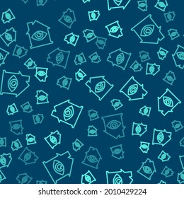 Green line House with eye scan icon isolated seamless pattern on blue background. Scanning eye. Security check symbol. Cyber eye sign.  Vector