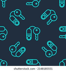 Green line House with key icon isolated seamless pattern on blue background. The concept of the house turnkey.  Vector Illustration