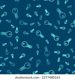 Green line House key icon isolated seamless pattern on blue background.  Vector Illustration