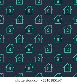 Green line House under protection icon isolated seamless pattern on blue background. Home and shield. Protection, safety, security, protect, defense concept.  Vector