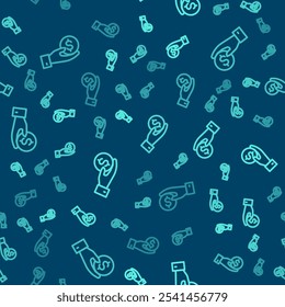 Línea verde Mano humana que da el icono del dinero aislado sin patrón en fondo azul. Icono de recibir dinero.  Vector