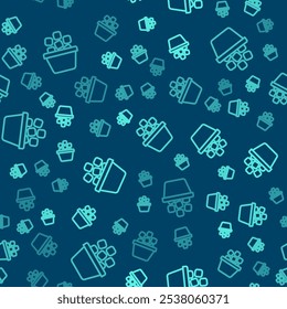 Green line Ice bucket filled with ice cubes icon isolated seamless pattern on blue background.  Vector